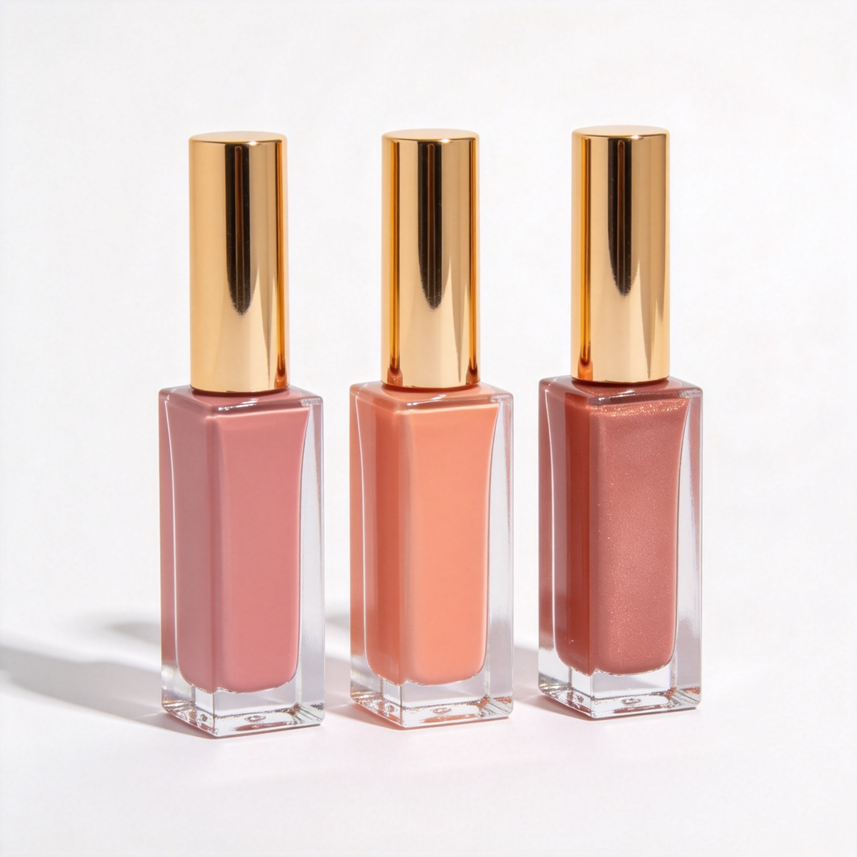 Original reference photograph of three liquid blush bottles with gold-tone caps.