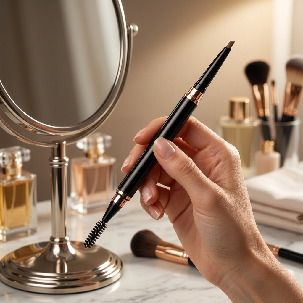 Handheld dual-ended eyebrow pencil near a mirror.