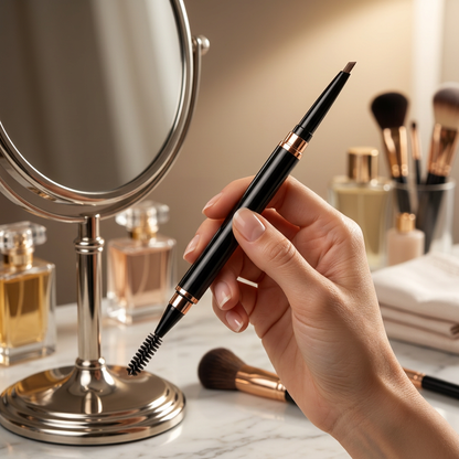 Handheld dual-ended eyebrow pencil near a mirror.