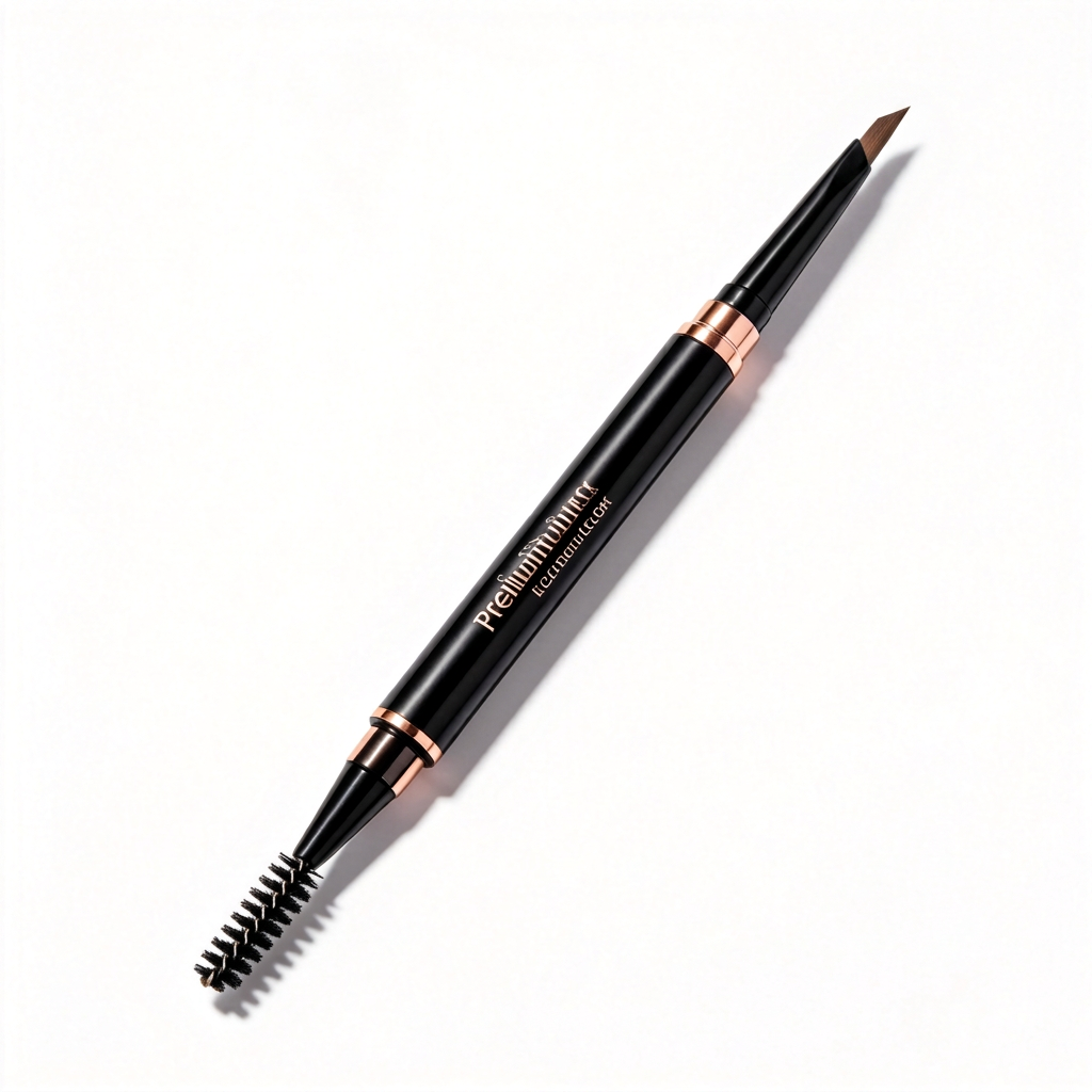 Dual-ended black eyebrow pencil with brown tip and spoolie on white.
