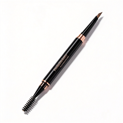 Dual-ended black eyebrow pencil with brown tip and spoolie on white.