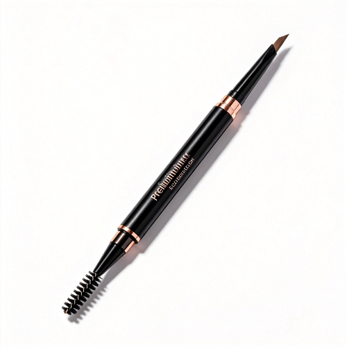 Dual-ended black eyebrow pencil with brown tip and spoolie on white.