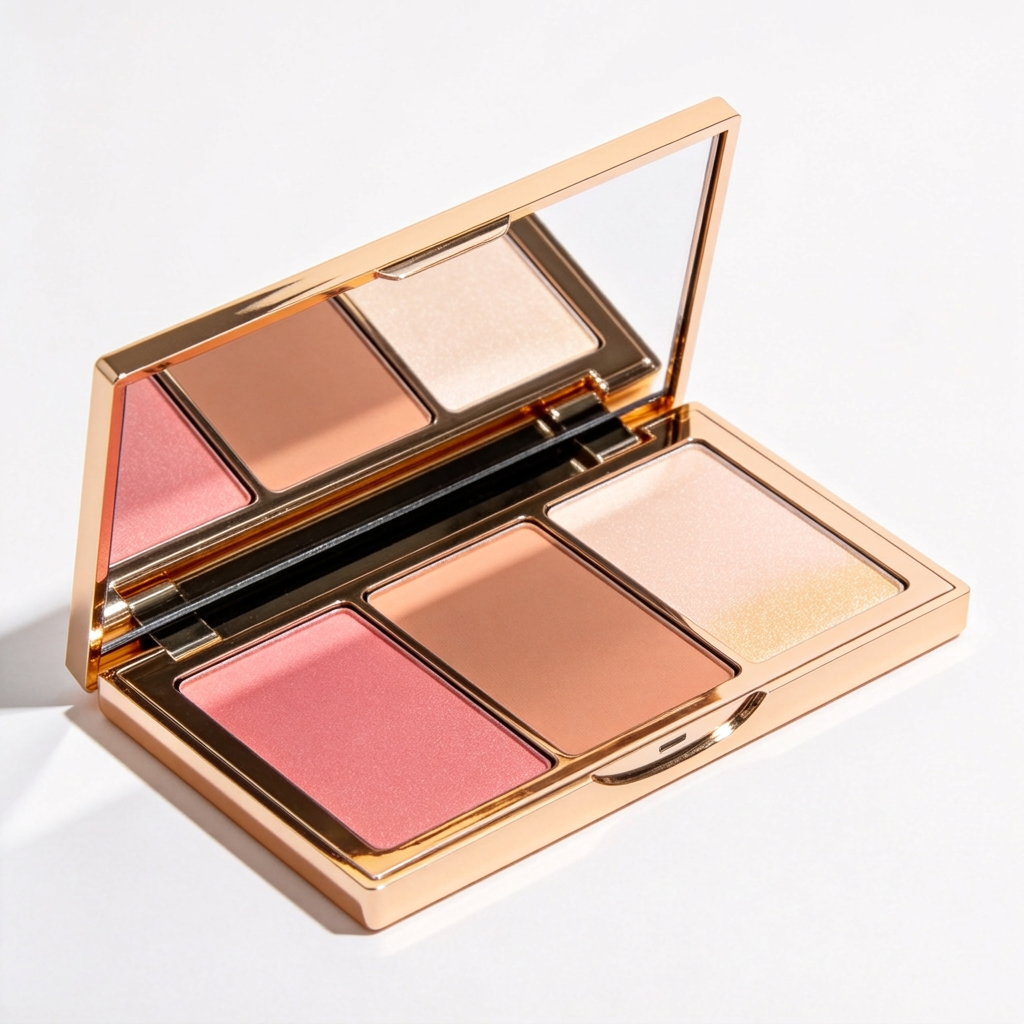 Open gold-tone three-color face palette on white.