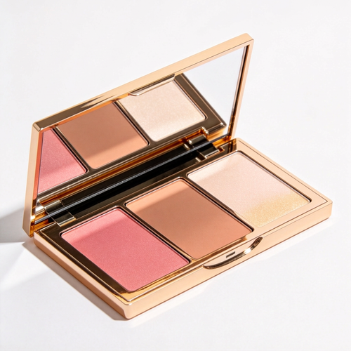 Open gold-tone three-color face palette on white.