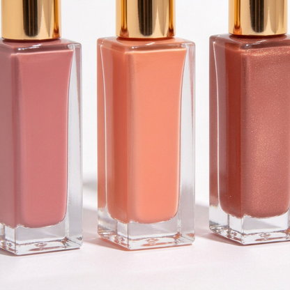 Close-up of blush colors and clear bottle bodies.