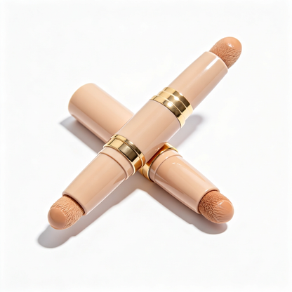 Beige and gold-tone rounded makeup applicators on white.