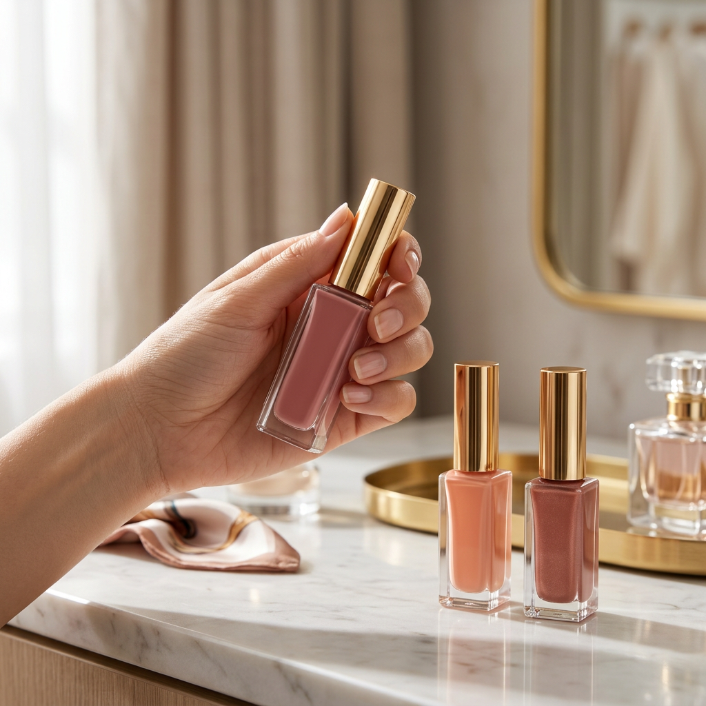 Handheld capped liquid blush bottle.