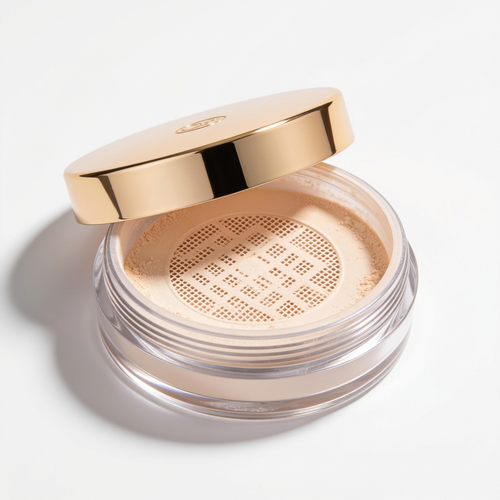 Loose face powder jar with gold-tone lid on a white background.