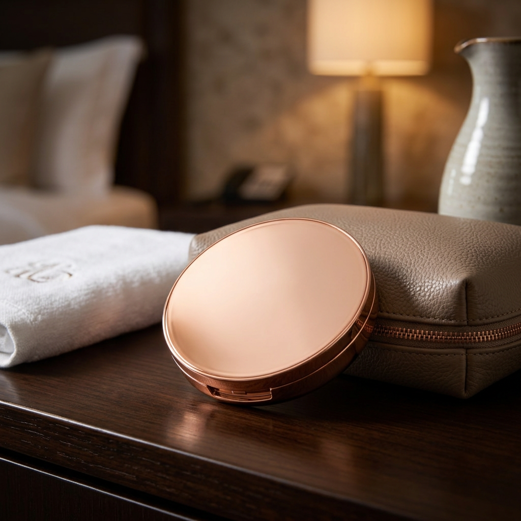 Closed blush compact in a travel-inspired setting.