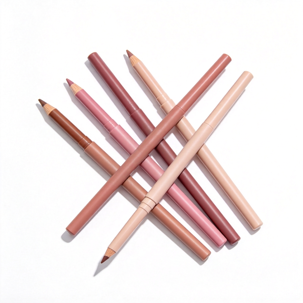 Neutral lip pencil collection on a white studio background.