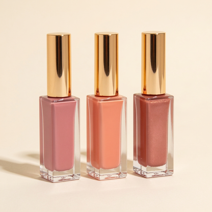 Reflective gold-tone caps and rectangular bottle details.