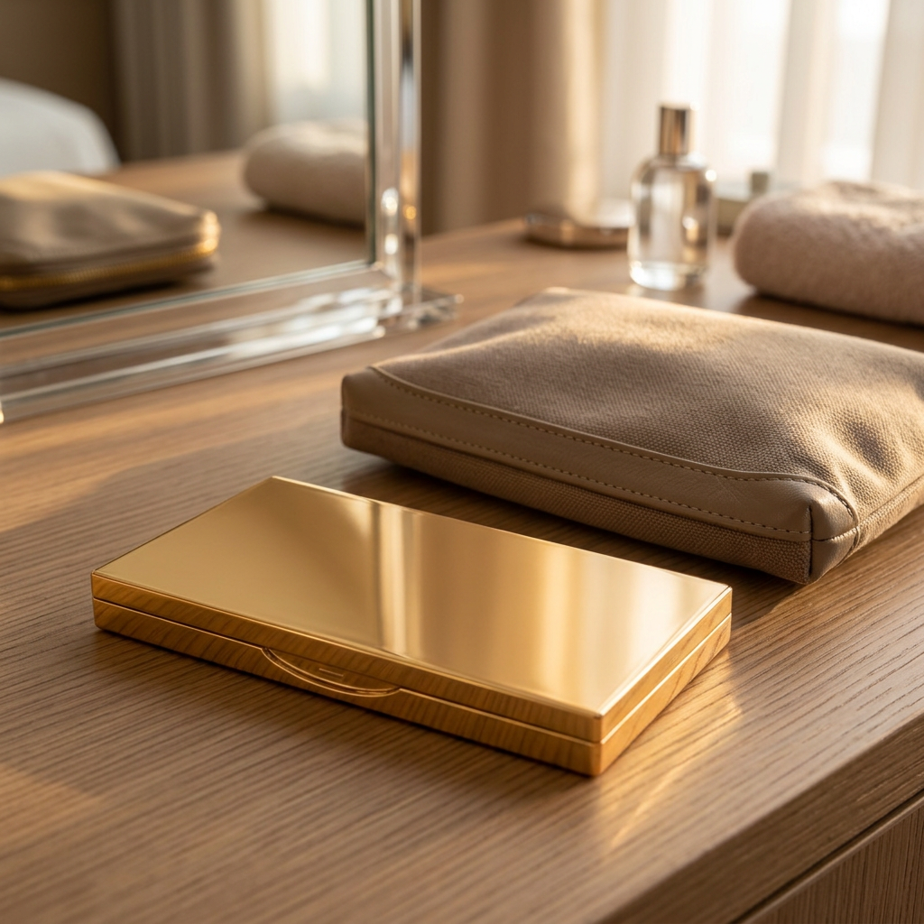 Closed gold-tone compact beside a makeup pouch.
