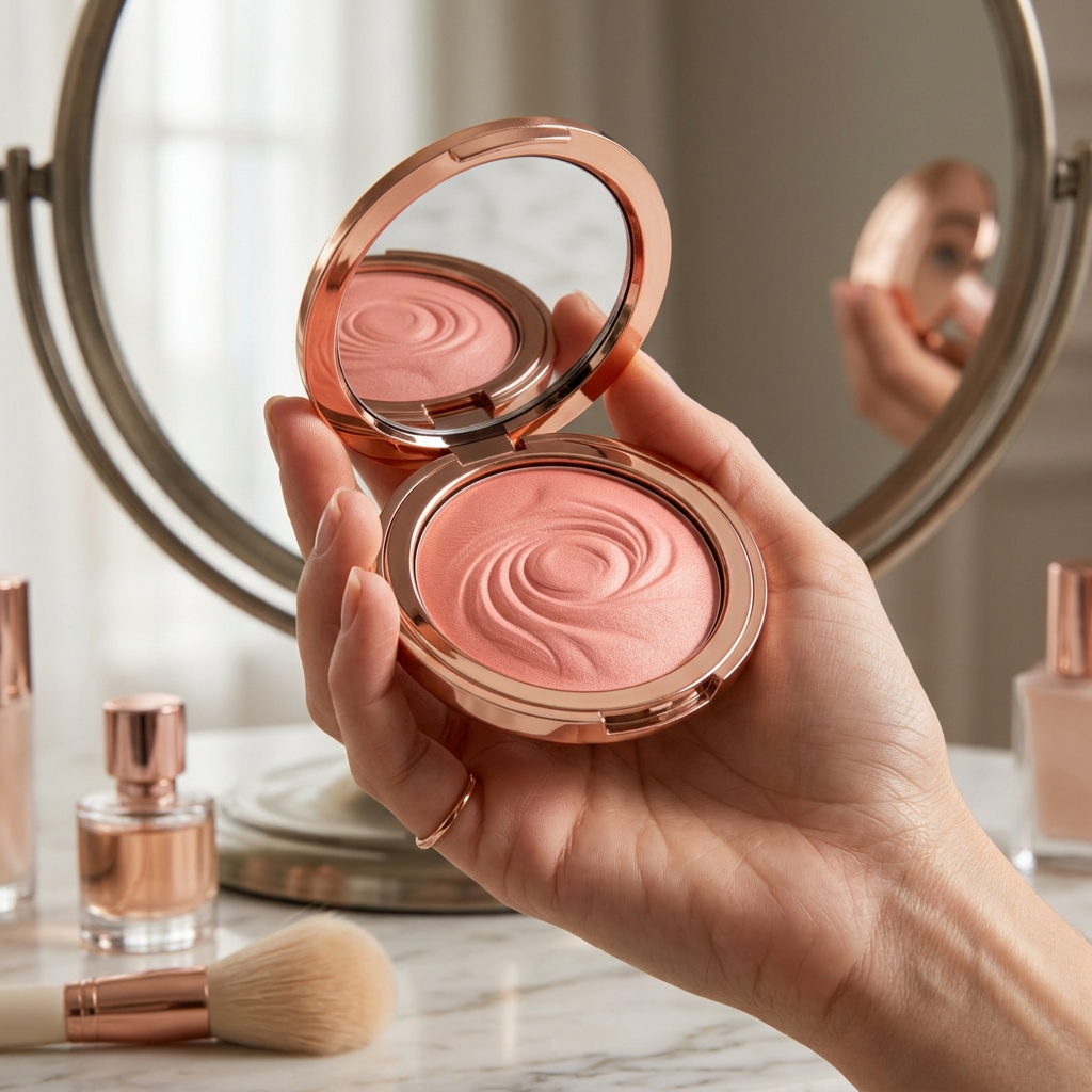 Handheld open mirrored powder blush compact.