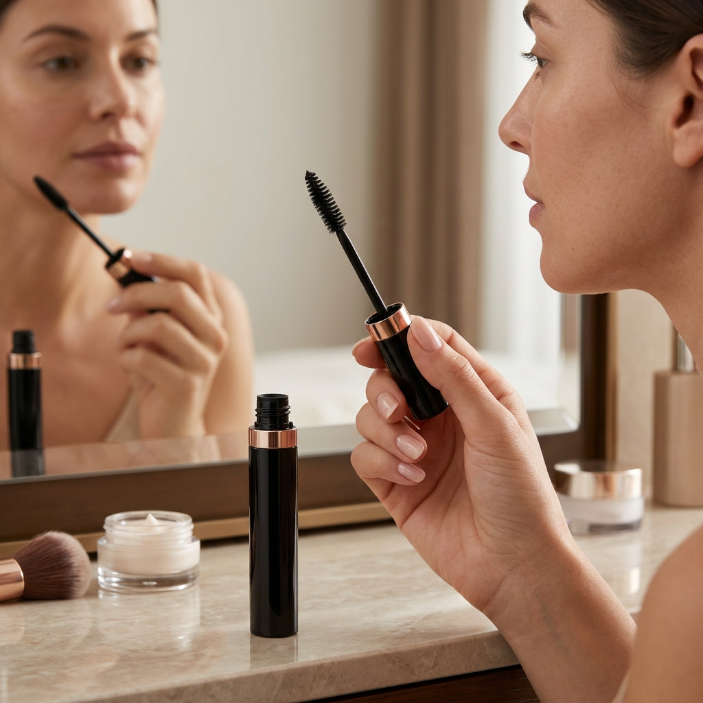 Handheld mascara wand beside a dressing mirror.