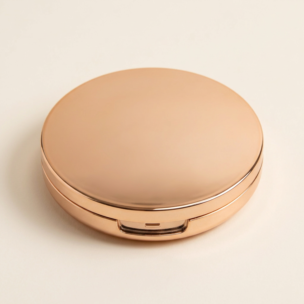 Illustrative fully closed round rose-gold-tone compact neatly displayed.