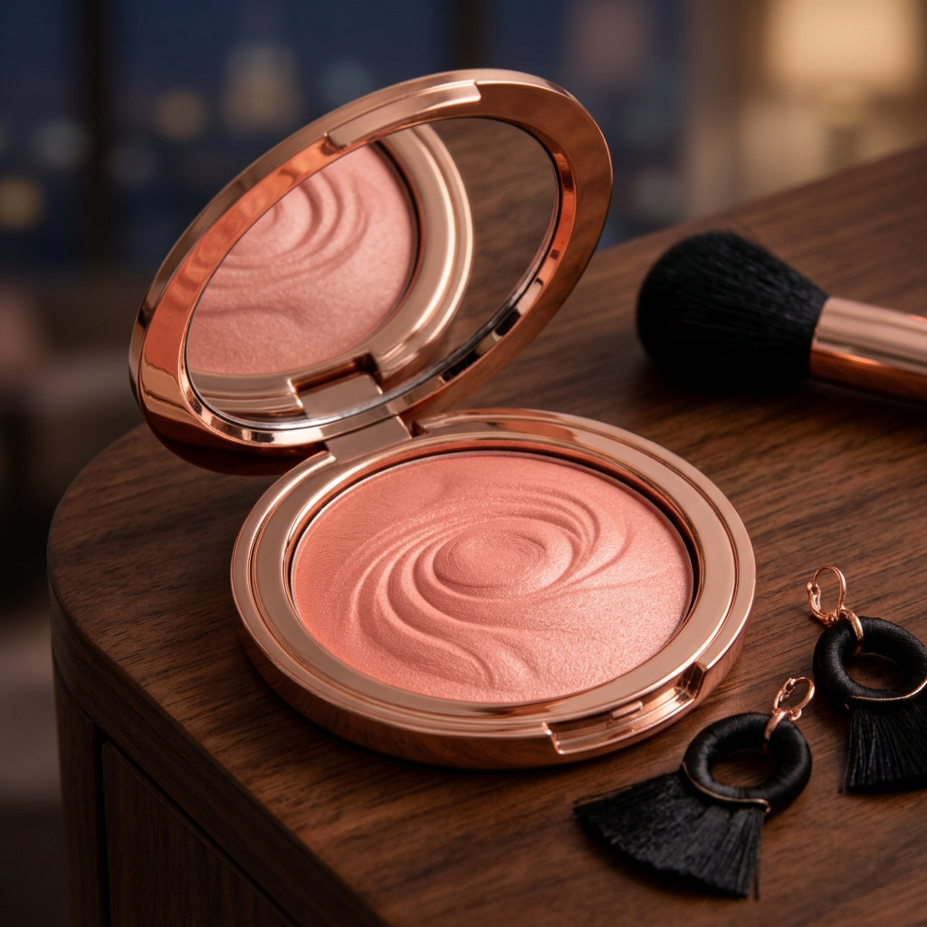 Pink blush compact styled for an evening beauty ritual.