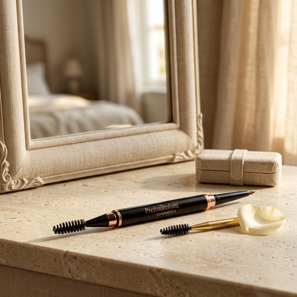 Eyebrow pencil styled on a morning vanity.