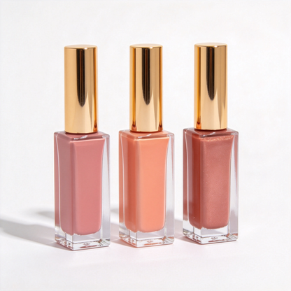 Original reference photograph of three liquid blush bottles with gold-tone caps.