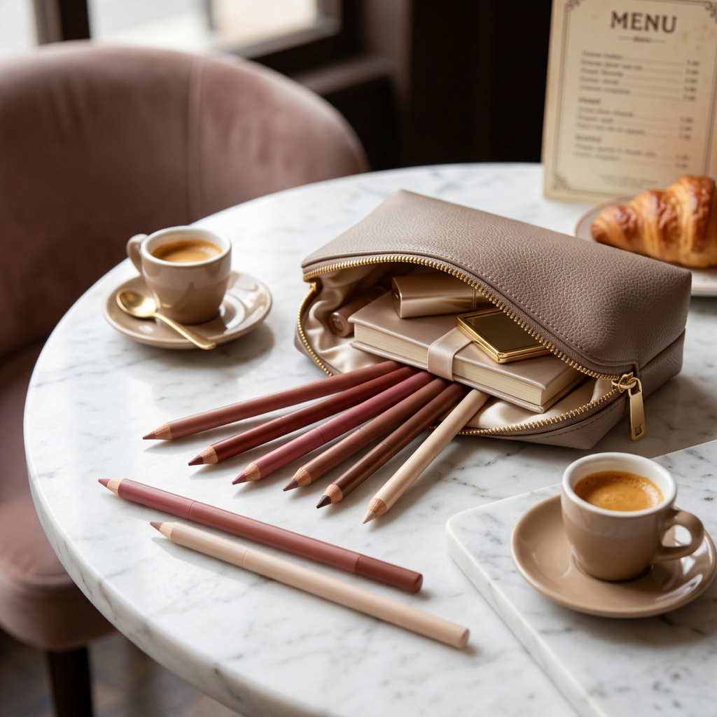 Lip pencils with a makeup pouch in a cafe setting.