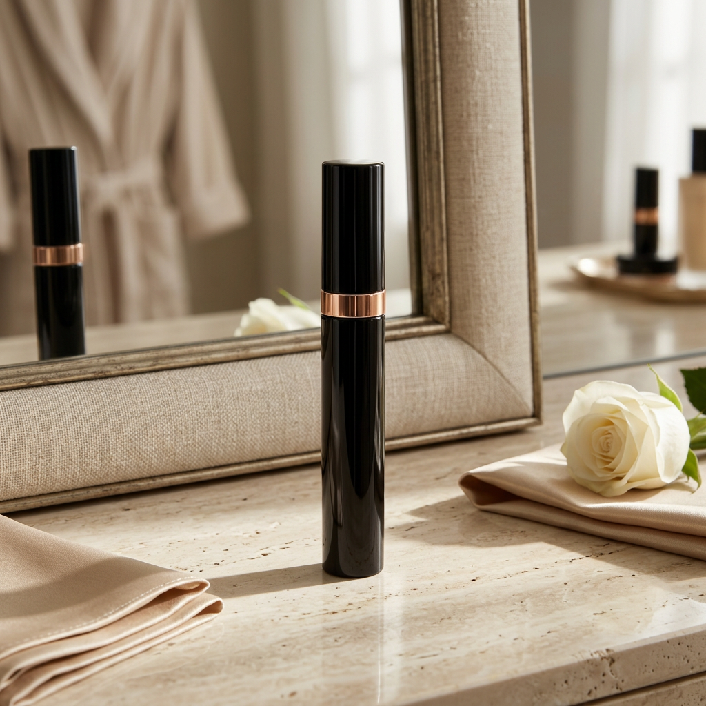 Closed mascara tube styled on a morning vanity.