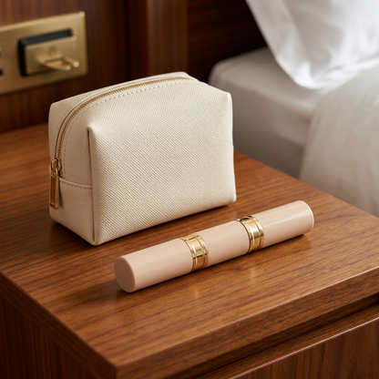 Capped applicator in a travel-inspired setting.