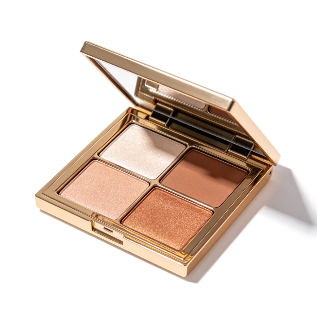 Open gold-tone four-color makeup palette on white.