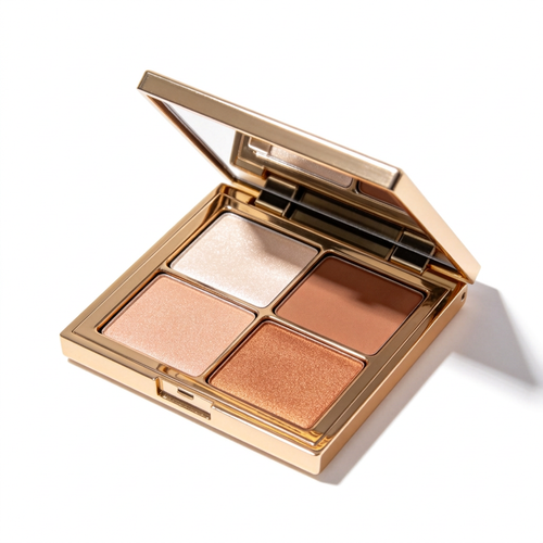 Open gold-tone four-color makeup palette on white.
