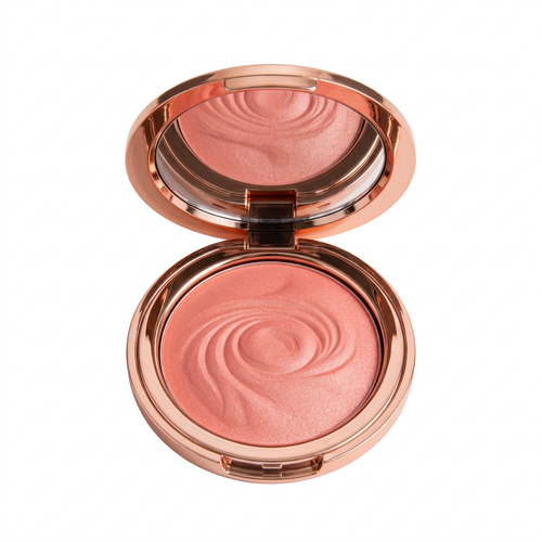 Open rose-gold-tone mirrored pink powder blush compact on white.