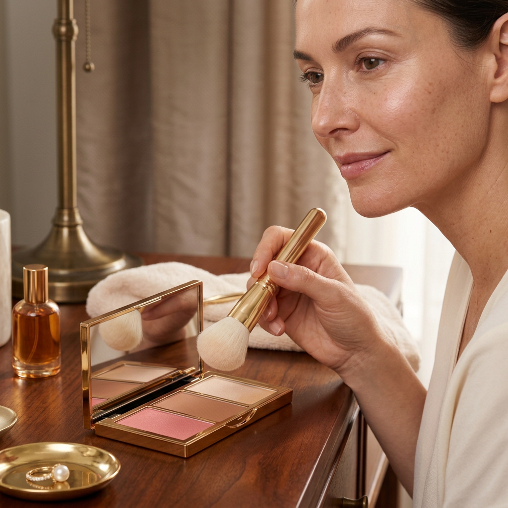 Illustrative beauty routine with an open face palette.