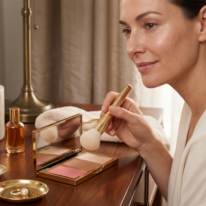 Illustrative beauty routine with an open face palette.