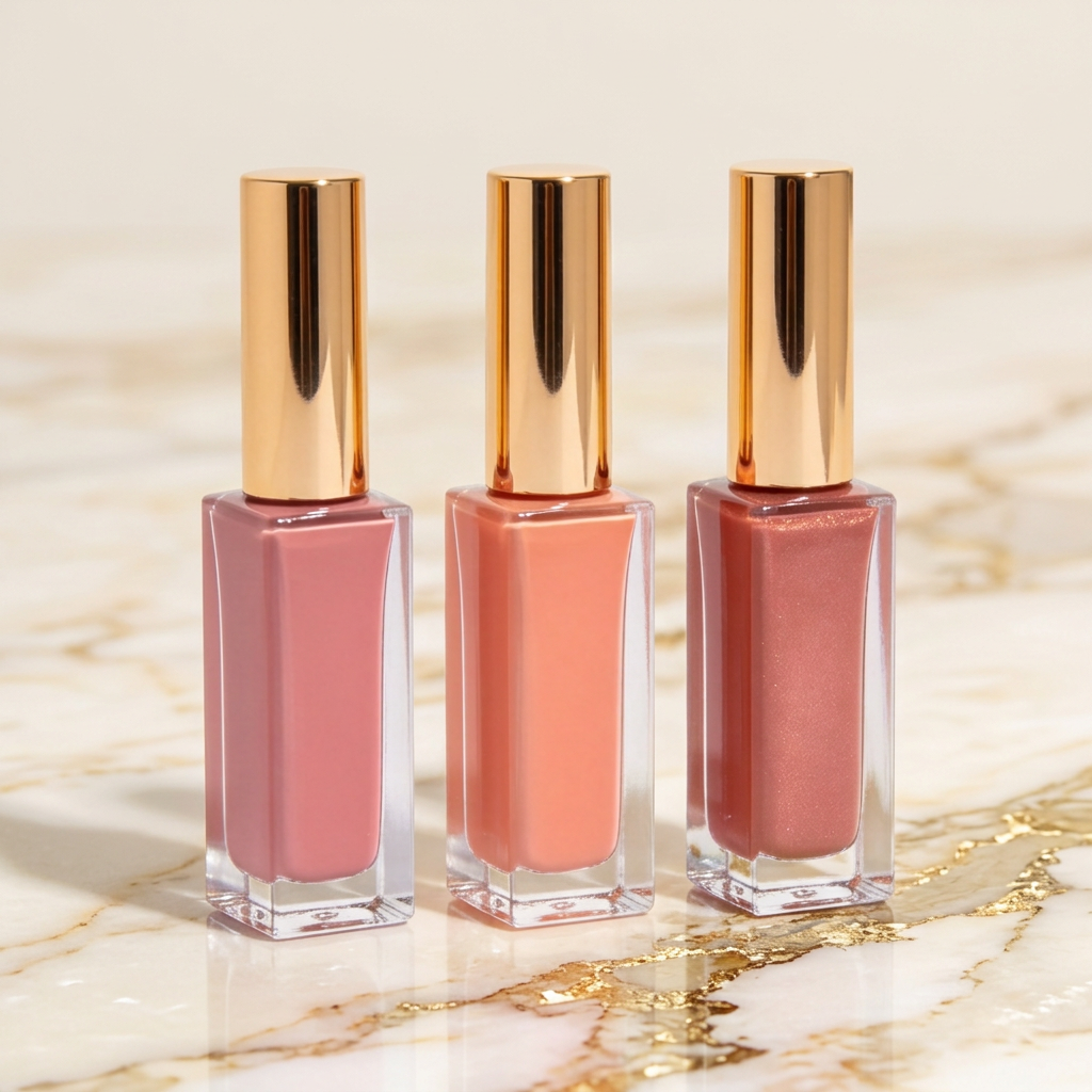 Three liquid blush bottles neatly arranged with caps closed.