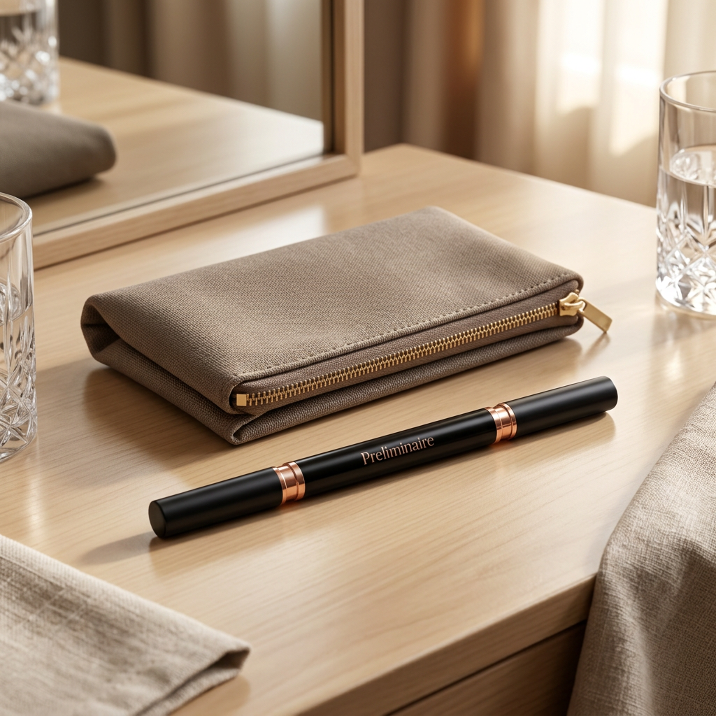Illustrative capped eyebrow pencil beside a makeup pouch.