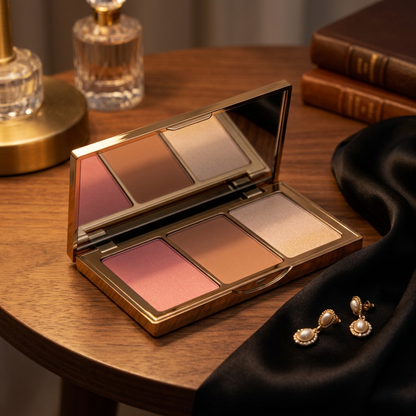 Face palette styled for an evening makeup routine.