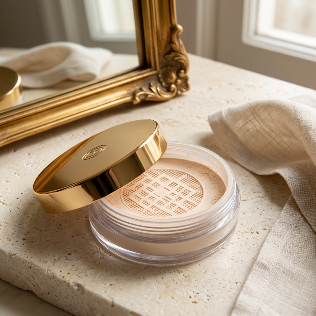 Loose powder styled on a morning vanity.