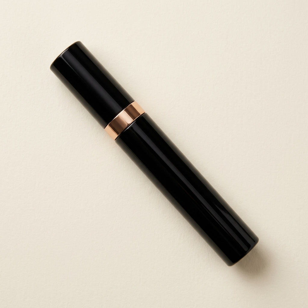 Single fully capped mascara tube neatly laid flat.
