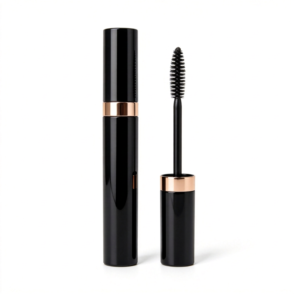 Glossy black mascara tube and tapered bristle wand on white.