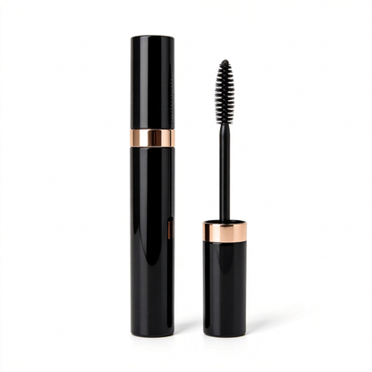 Glossy black mascara tube and tapered bristle wand on white.