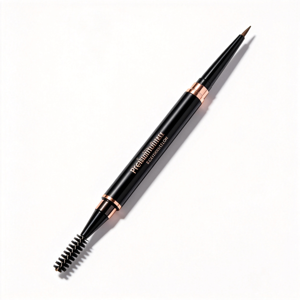 Original reference photograph of a black and rose-gold-tone dual-ended eyebrow pencil with spoolie.