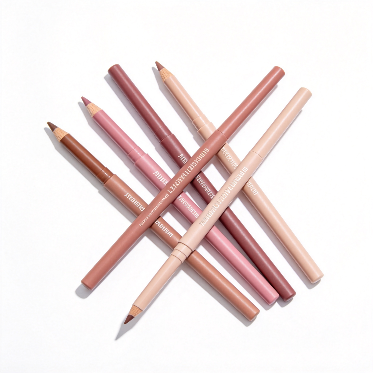 Neutral-tone lip pencils with coordinated barrels, fitted caps and sharpened tips arranged on a white background.