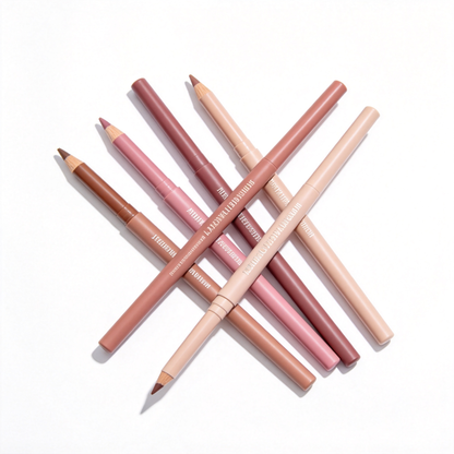 Neutral-tone lip pencils with coordinated barrels, fitted caps and sharpened tips arranged on a white background.