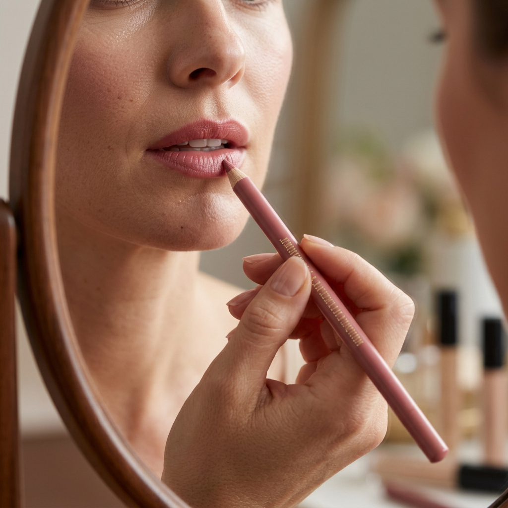 Illustrative lip pencil application lifestyle scene.