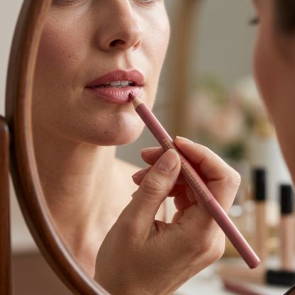 Illustrative lip pencil application lifestyle scene.