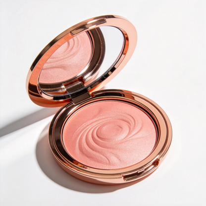 Original reference image of pink powder blush with a rose-swirl design in a mirrored compact.