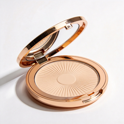 Open round rose-gold-tone pressed powder compact on white.