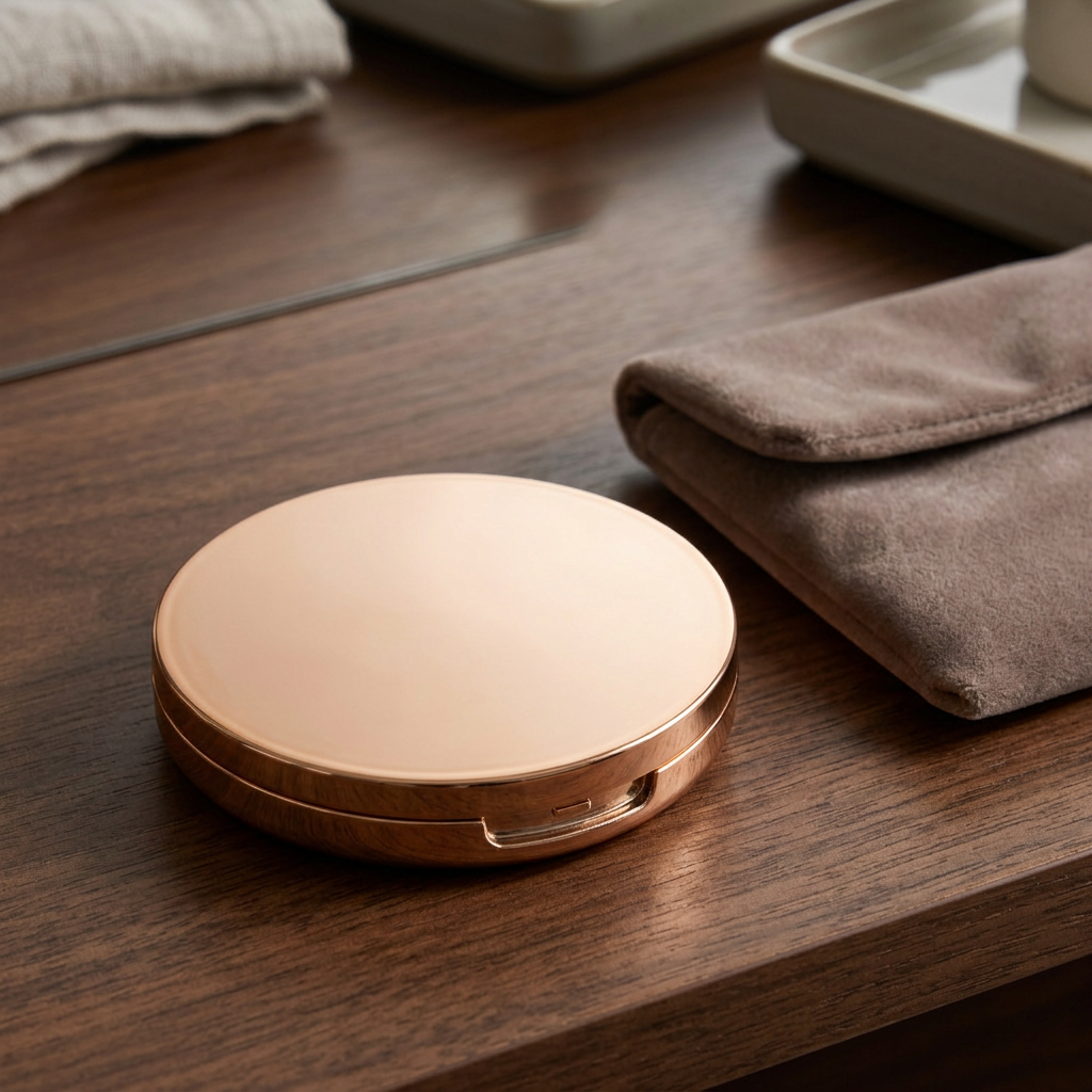 Closed round compact in a travel-inspired setting.