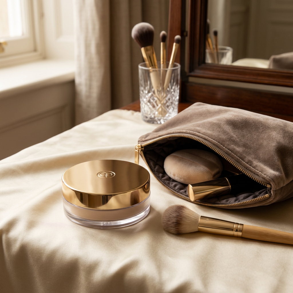 Loose powder jar beside a makeup pouch in a hotel setting.