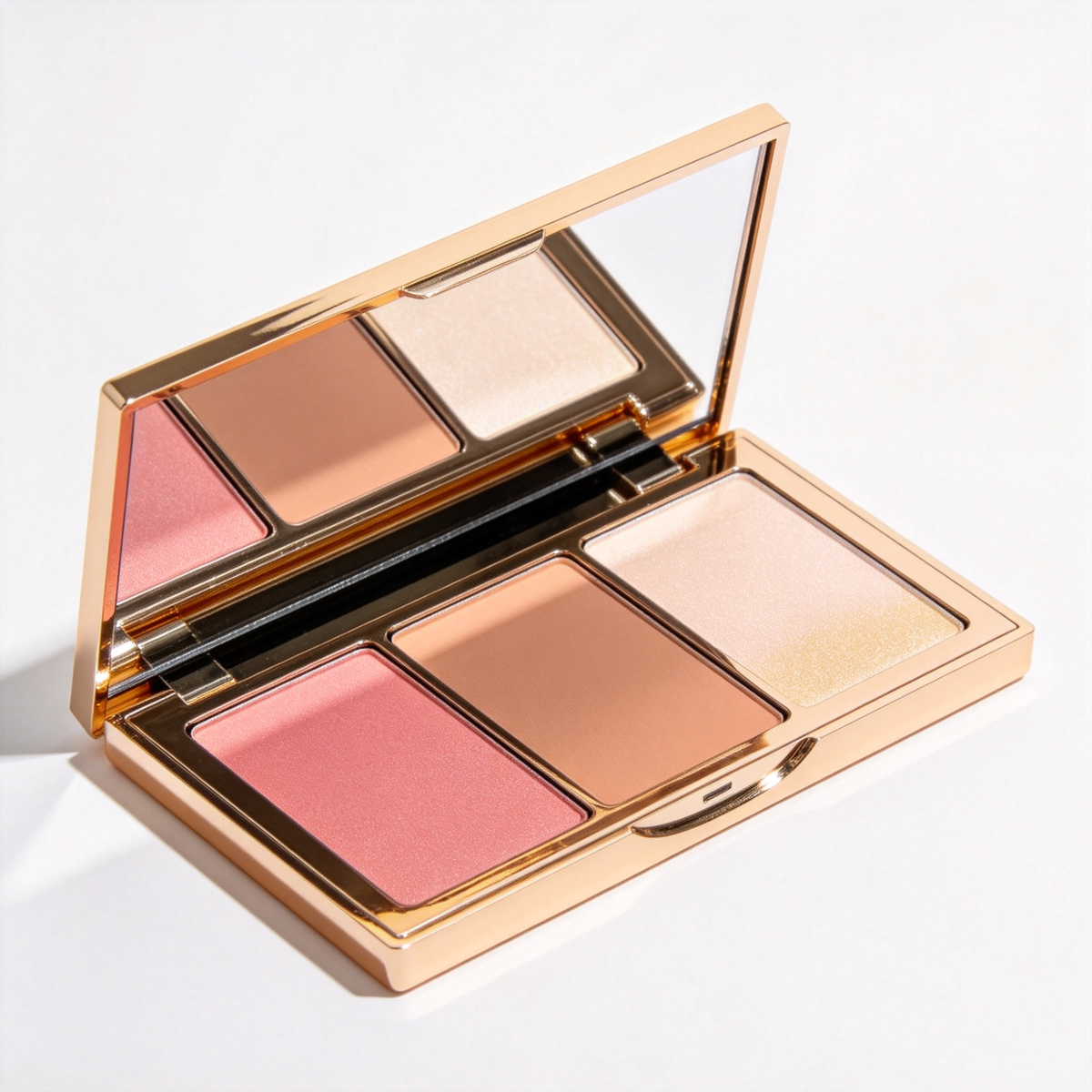 Original reference image of an open three-pan mirrored face palette.