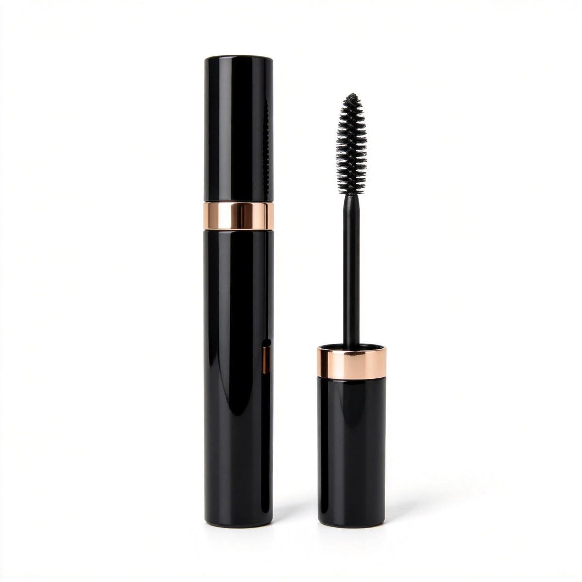 Original reference image of a black mascara tube with metallic accent and bristle wand.