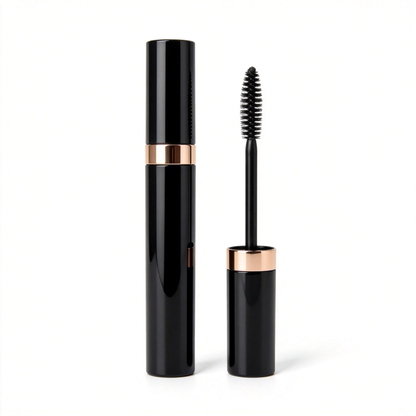 Original reference image of a black mascara tube with metallic accent and bristle wand.