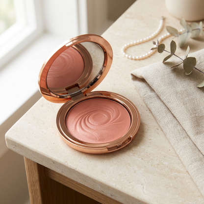 Pink powder blush compact on a morning vanity.